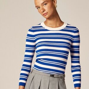 NWT JCrew Carolyn three-quarter sleeve blue & ivory striped Merino Wool Sweater.